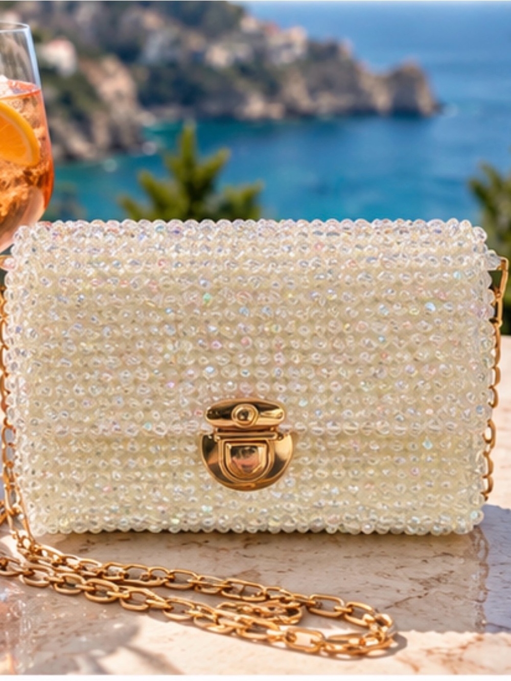 Pearl Beaded Crossbody Bag with Gold Chain